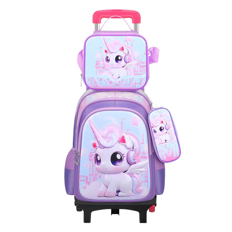 Ensemble sac à dos d'école en cuir 3D pour enfants, sac à roulettes, sac à déjeuner, trousse à crayons, dimensions