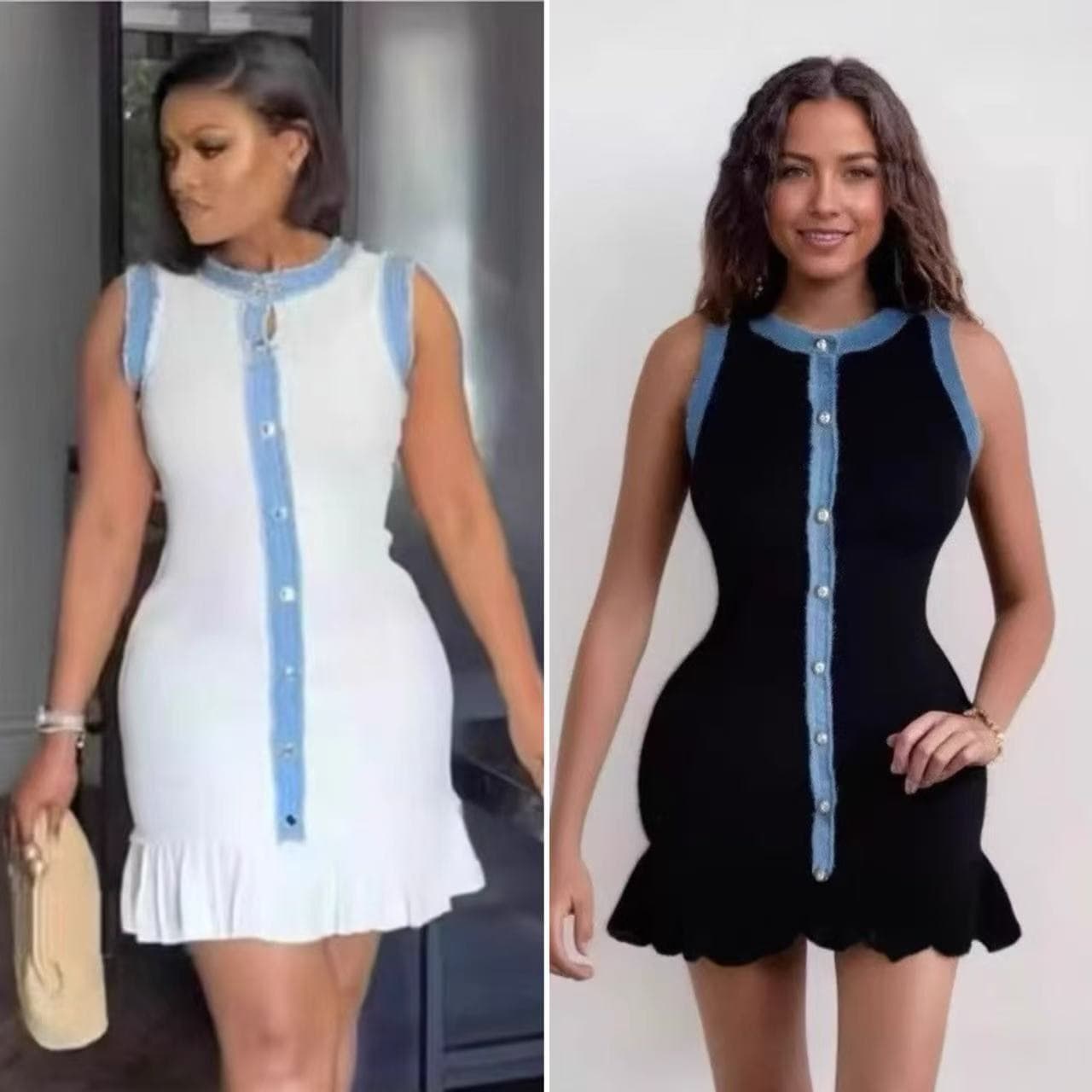 Women's Clothing Denim Tassel Trim Knitted Short Sleeved Vest Dress