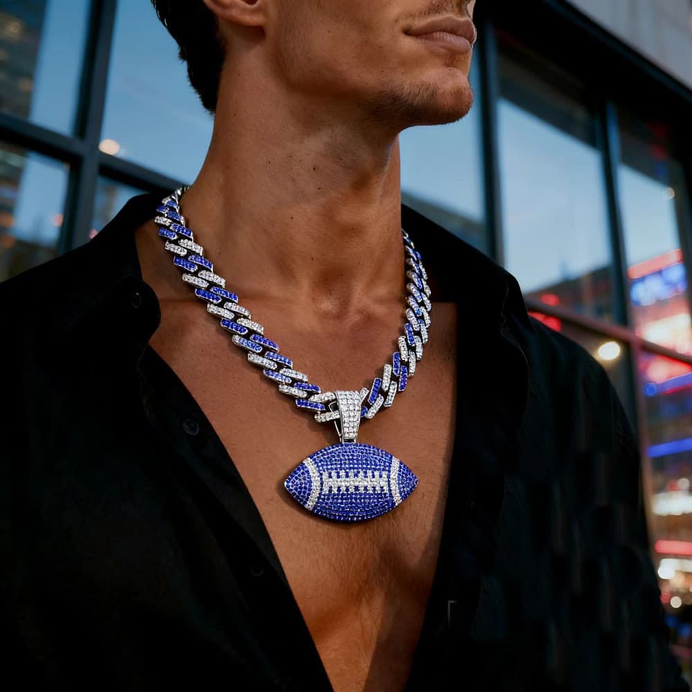 Men's Hip Hop Cuban Link Chain With Football Pendant - Gold/Silver Plated Zinc Alloy Necklace With Colorful CZ Stones For Streetwear Fashion