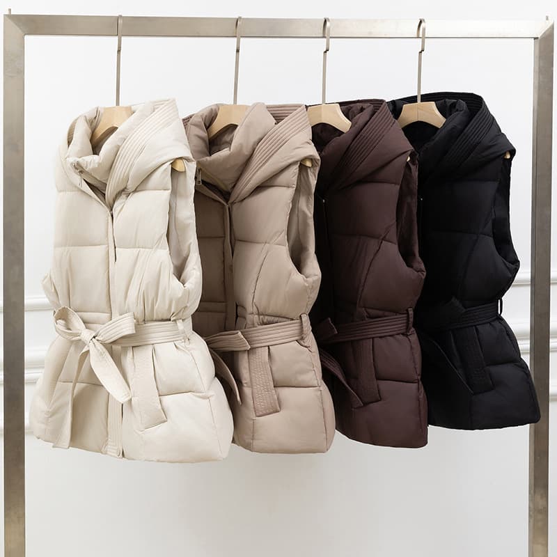 ​Women’s Short Quilted Vest – Hooded Winter Puffer Gilet With Belt & Slim Fit​