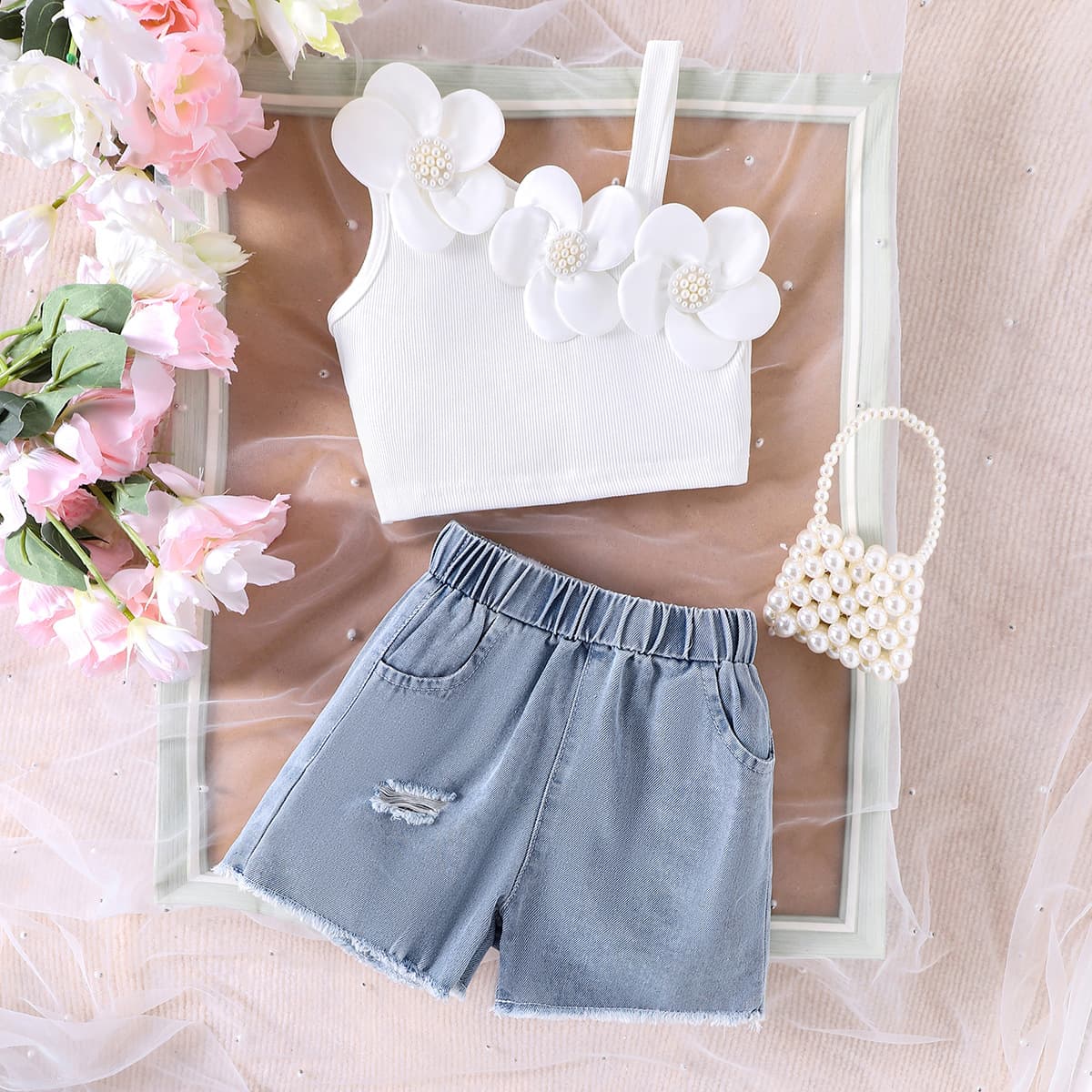 Girls Summer Two Piece Set Style Asymmetrical Tank Top With Elastic Waist Ripped Denim Shorts Floral Print