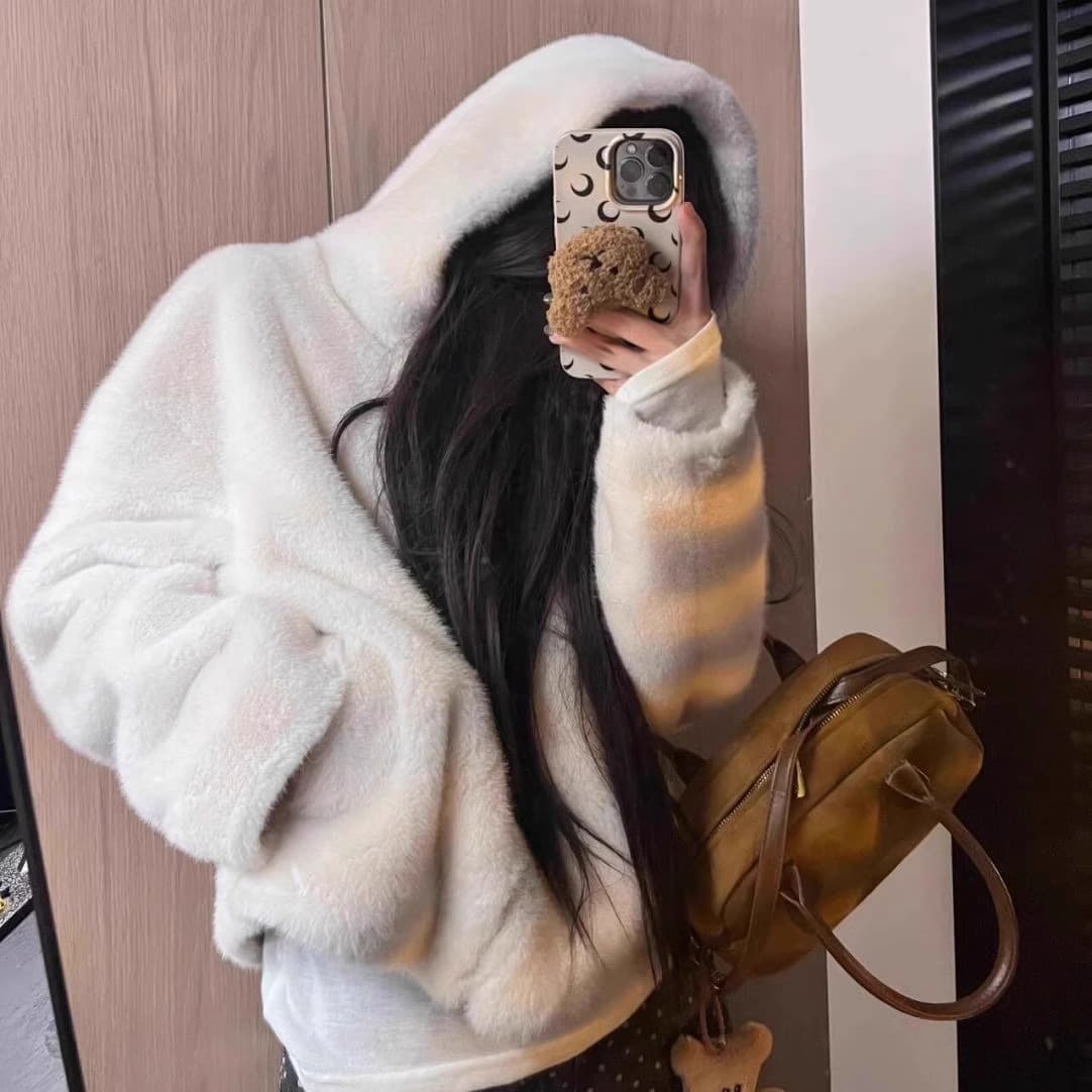 Women's Clothing Faux Fur Hooded Jacket Winter Cozy Short Coat With Double-Layer Hood, Loose Fit, Brown & Cream