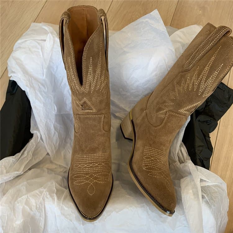 New Large Embroidered Western Cowboy Tall Boots For Women, V-neck Long Legged Knight Boots, Thick Heel Looks Thinner