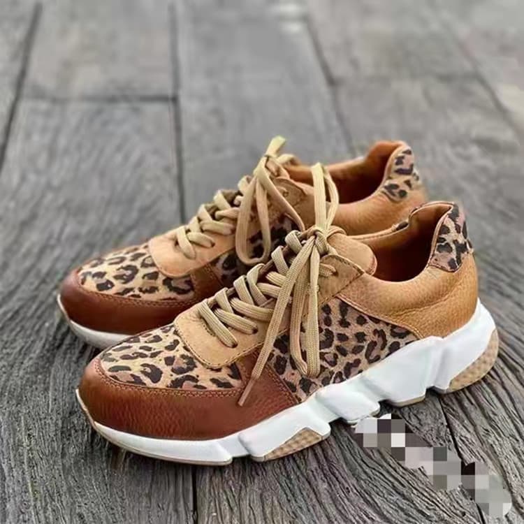 Foreign trade large size leopard print lace up women's shoes 2024 new thick soled round toe low top leopard print sports and casual shoes for women