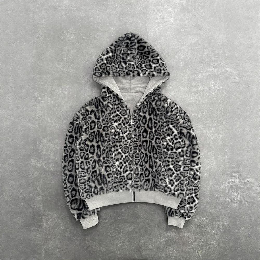 Men's Reversible Zip-Up Hoodie With Leopard Print - Oversized Pullover Sweatshirt For Winter & Fall, Unisex Streetwear​