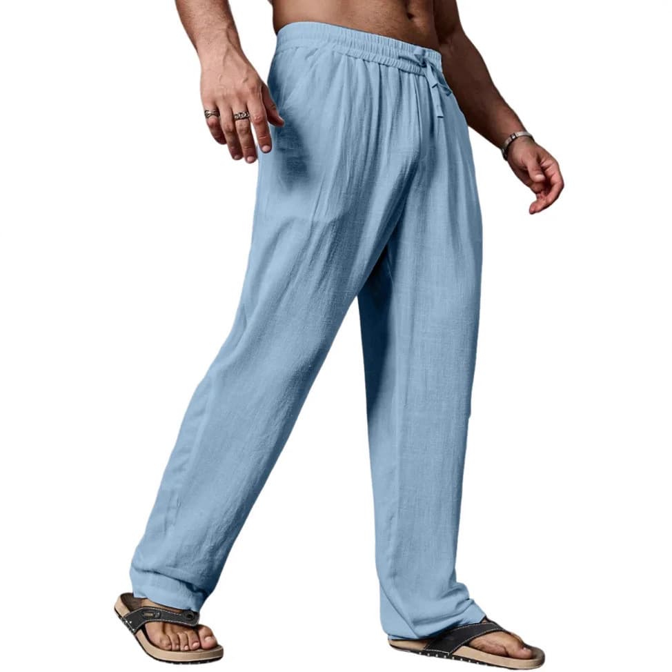 Men's Breathable Linen Cotton Pants - Relaxed Fit With Drawstring Waist Straight Leg (White/Black/Dark Khaki/Light Blue/Navy/Olive) - Sizes S-5xl