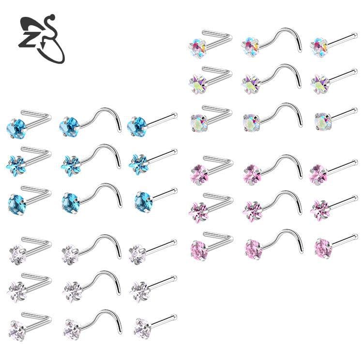 Women's Jewelry Stainless Steel Zircon Nose Nails Star Shaped Right Angle Titanium Steel Nose Jewelry Set Piercing Jewelry