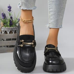 Large Size Thick Soled Black Small Leather Shoes Women's New Slip-on Work Shoes Metal Buckle Loafers