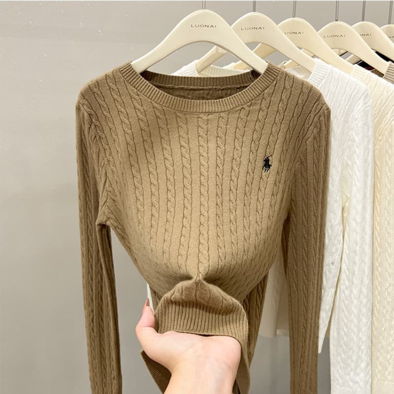 Haut ample en maille brodée pour femme, collection automne-hiver, pull blanc chic à manches longues en maille torsadée.