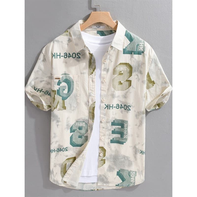 Men's Retro Trendy Letter Print Short Sleeve Shirt Loose Casual Americana Style Thin Jacket Black White Cotton Polyester
