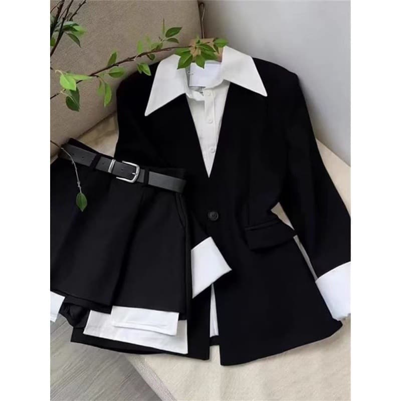 Elegant Office Chic Women's Two-Piece Set - Long Blazer With High-Waist Wide-Leg Pants, Autumn Professional Outfit, Business Casual Attire