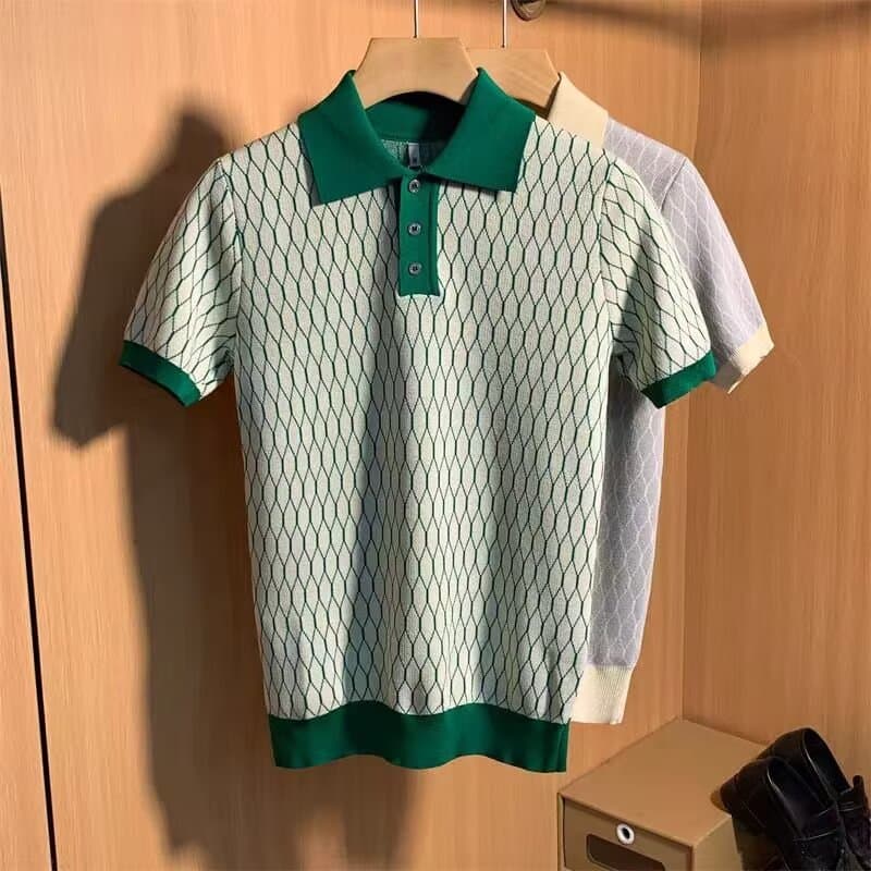 Men's Clothing Thin Ice Silk Men's High End Grid Pattern Contrast Color Short Sleeved T Shirt