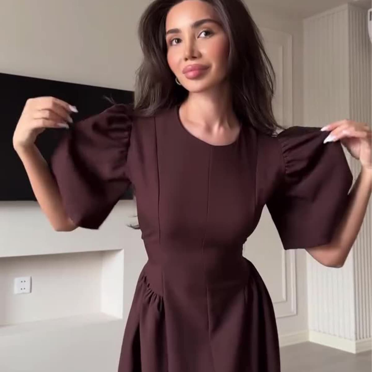 Women's Clothing Spring New Elegant Women's Dress Round Neck Short Sleeve Big Swing Dress