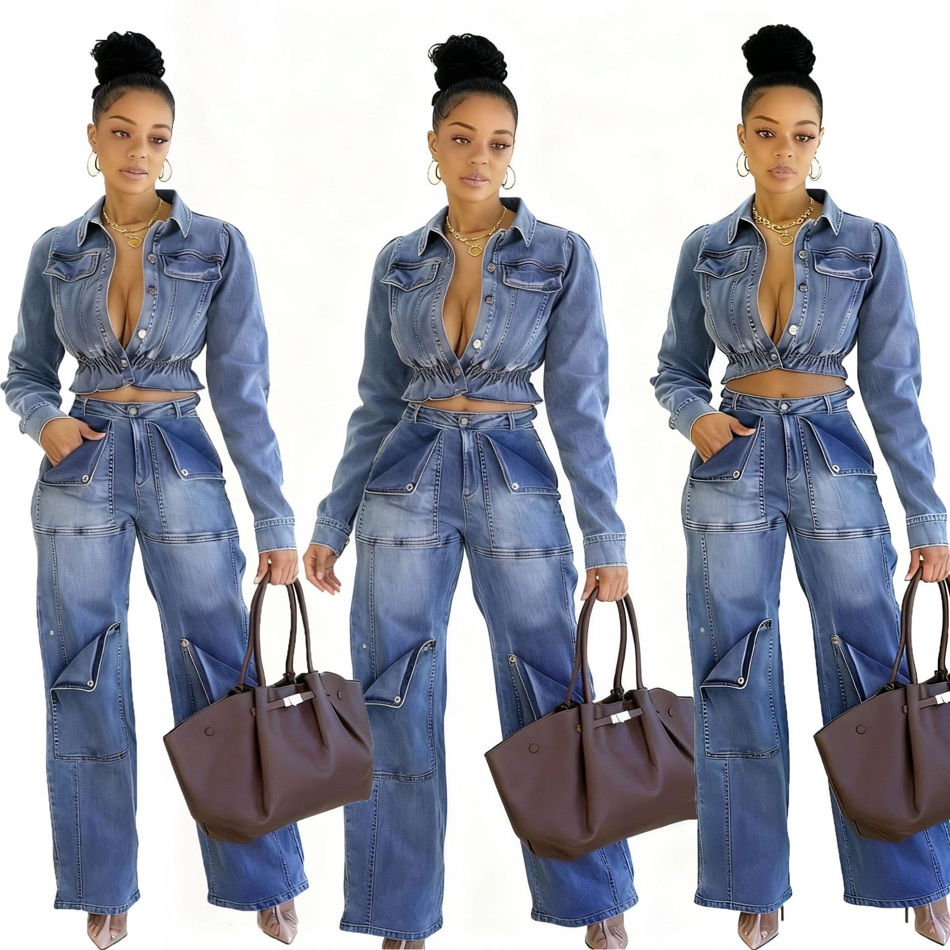 Women's Clothing Sexy Stretch Multi Pocket Washed Denim Casual Distressed Denim Two-Piece Set – Edgy High-Manganese Washed Jacket & Pants (5 Sizes)