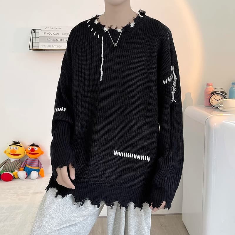 New sweater for men, round neck pullover, loose fit for spring, autumn, and winter, distressed knit sweater for men