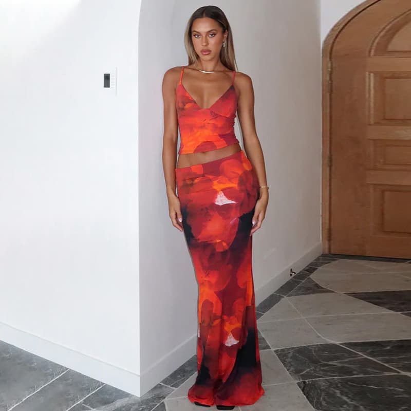 Women's Clothing Summer Sexy Camisole Fashionable Large Flower Print Two Piece Suit