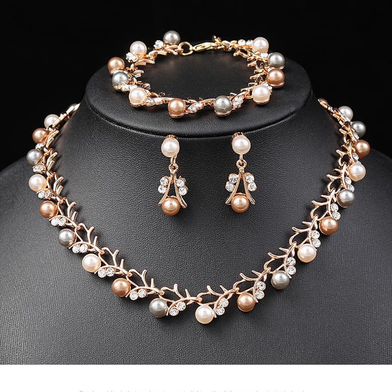 Korean Pearl Necklace Earring Bridal Dress Versatile Accessories Fashionable Small and Fresh Alloy Electroplated Three