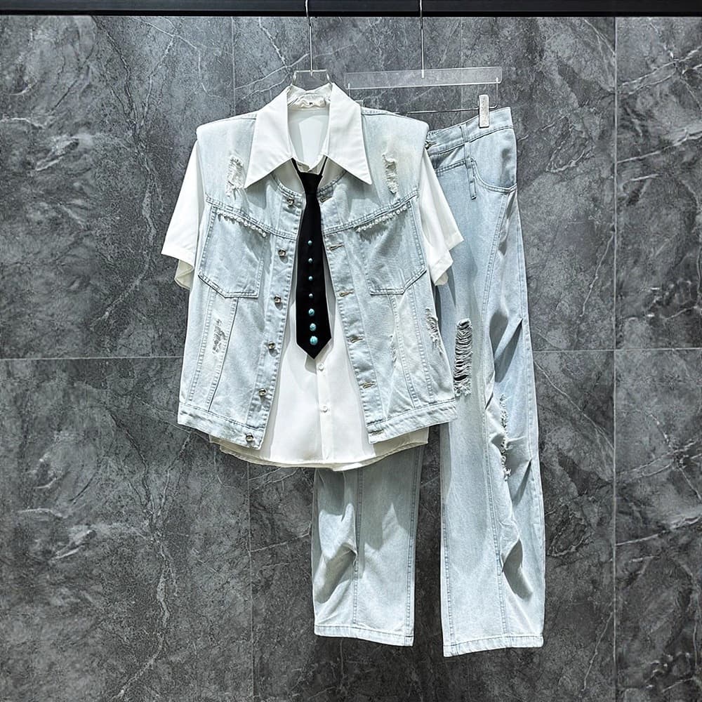Trendy Vest & Wide-Leg Pants Set - Distressed Design, Casual Chic, Korean Style Ins Fashion​