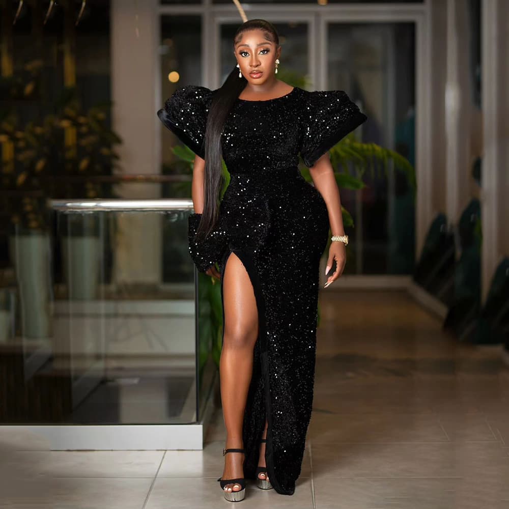 Women's Clothing Fashion Evening Dress Black Sequin Fishtail Skirt Round Neck High Slit Puff Sleeve Long Skirt Elegant Party Dress