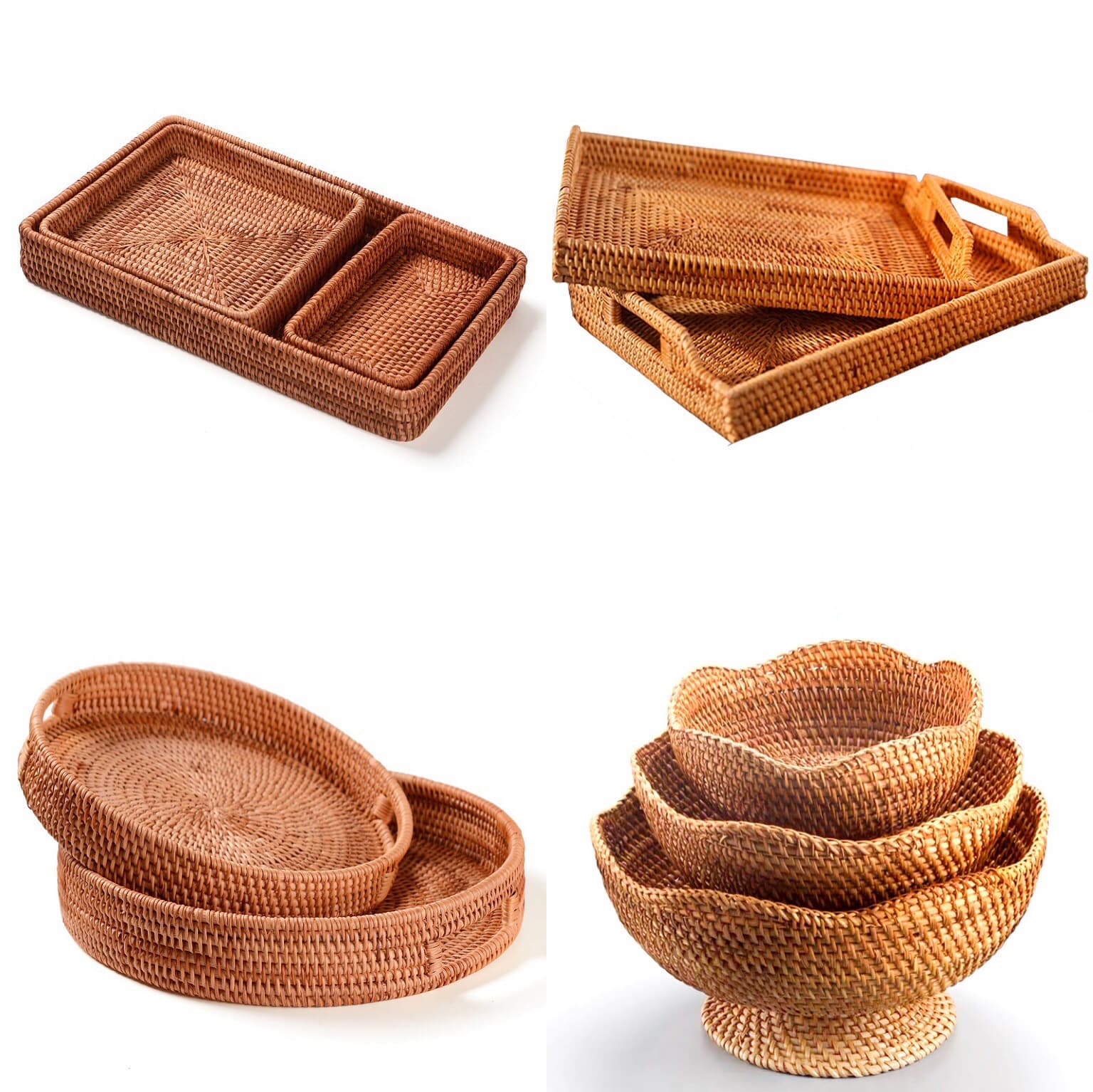 Rattan Tray Set (3-Piece) - Multi-Purpose Fruit & Snack Serving Tray For Tea Cups Candy Nuts - Handwoven Storage Organizer​