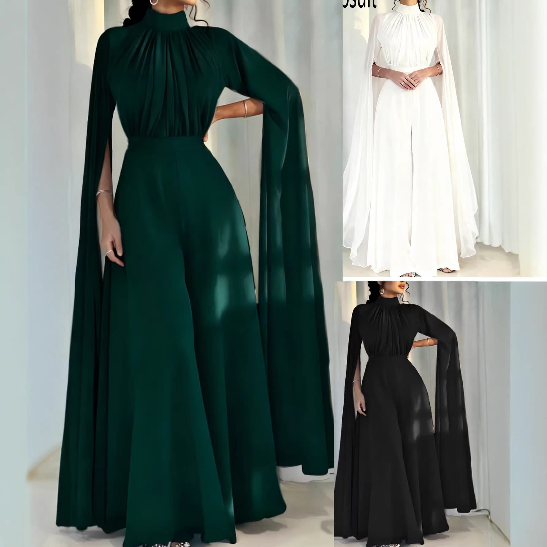 Elegant High-Neck Flowy Wide-Leg Jumpsuit With Flared Sleeves – Chiffon Wide-Leg Palazzo Pants For Women, Black / Dark Green / White, S-Xxl​​