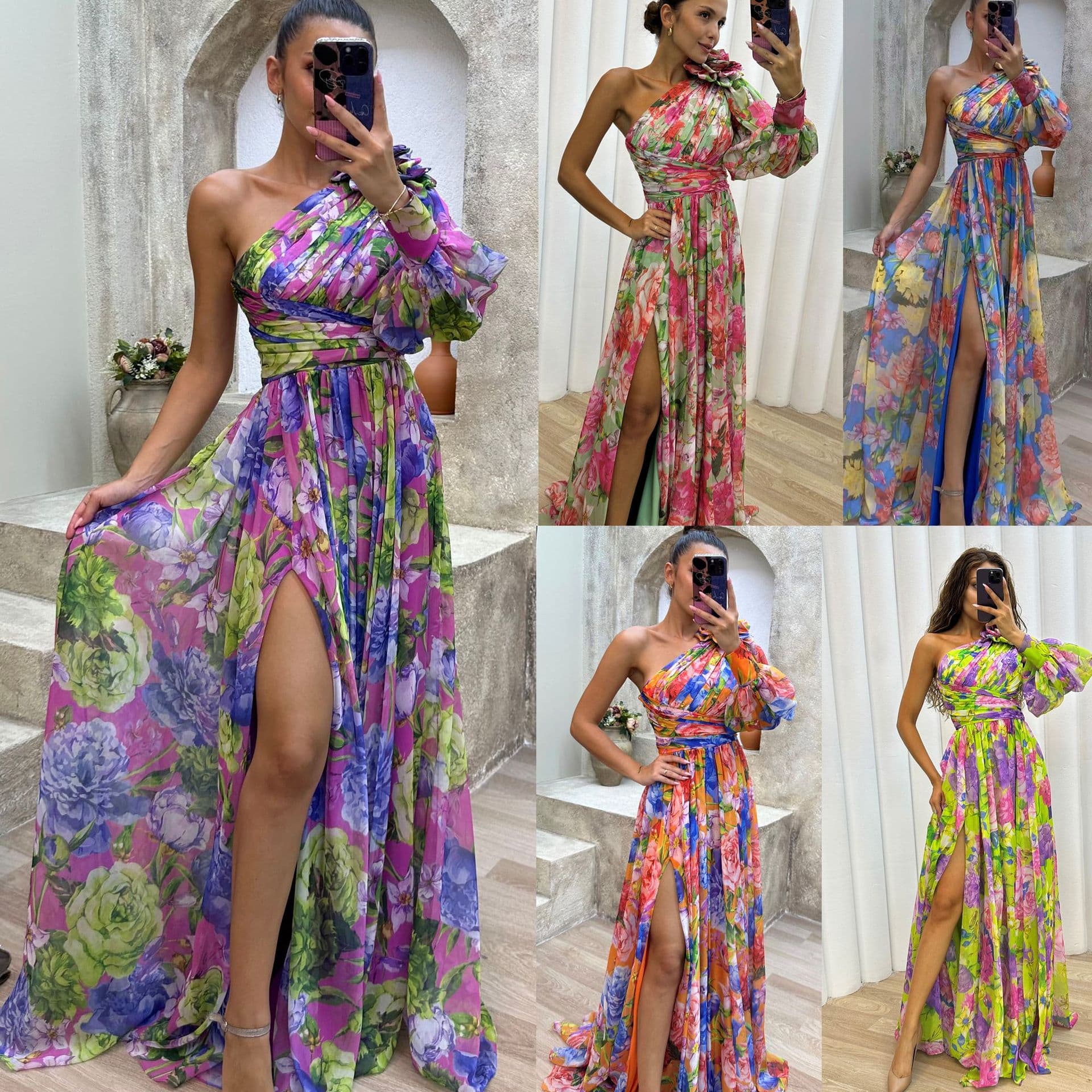 Women's party new casual slit dress INS loose multi-color slant shoulder dress