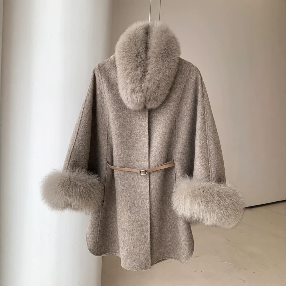 Women's Autumn And Winter Fur Collar High-end Double-faced Cashmere Coat Women's Wool Shawl Cape Coat