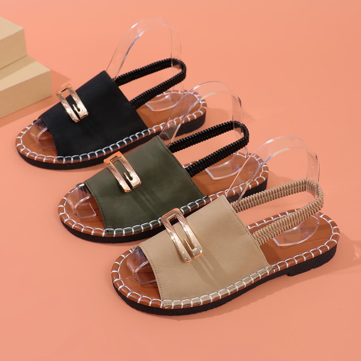 Women's Shoes New Flat Sandals For Women Fabric Elastic Band Metal Decorations Large Size Shoes Beach Shoes