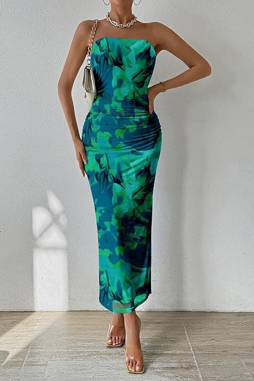 Women's Clothing Shein Tube Top Hem Slit Sleeveless Printed Dress