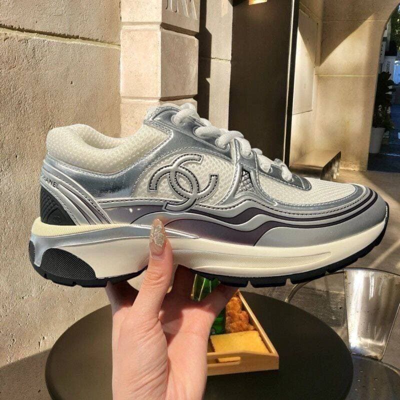 Baskets Chanel unisexe argentées style papa, nouvelles chaussures décontractées à lacets, bout rond, semelle épaisse en maille métallisée reha