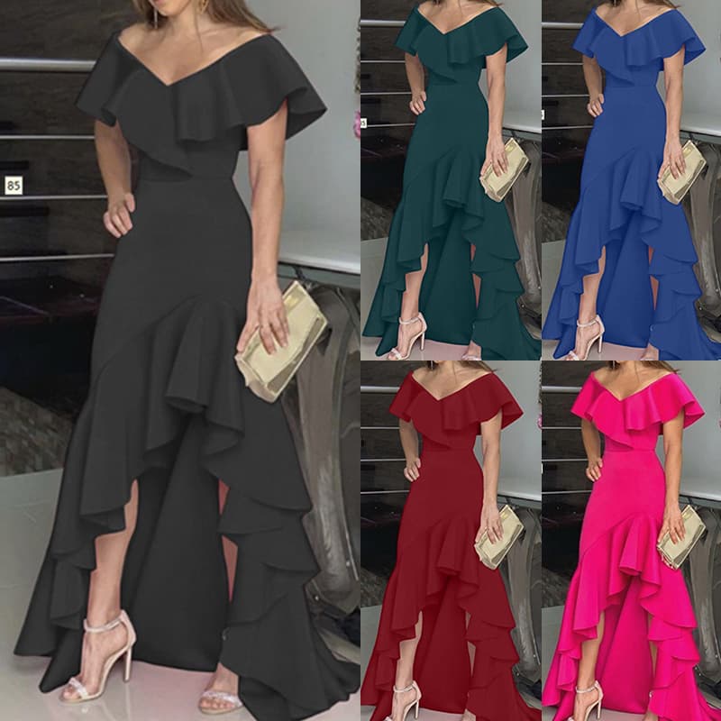 Women's Clothing Fashion Temperament V Neck Ruffled Irregular Elegant Dress