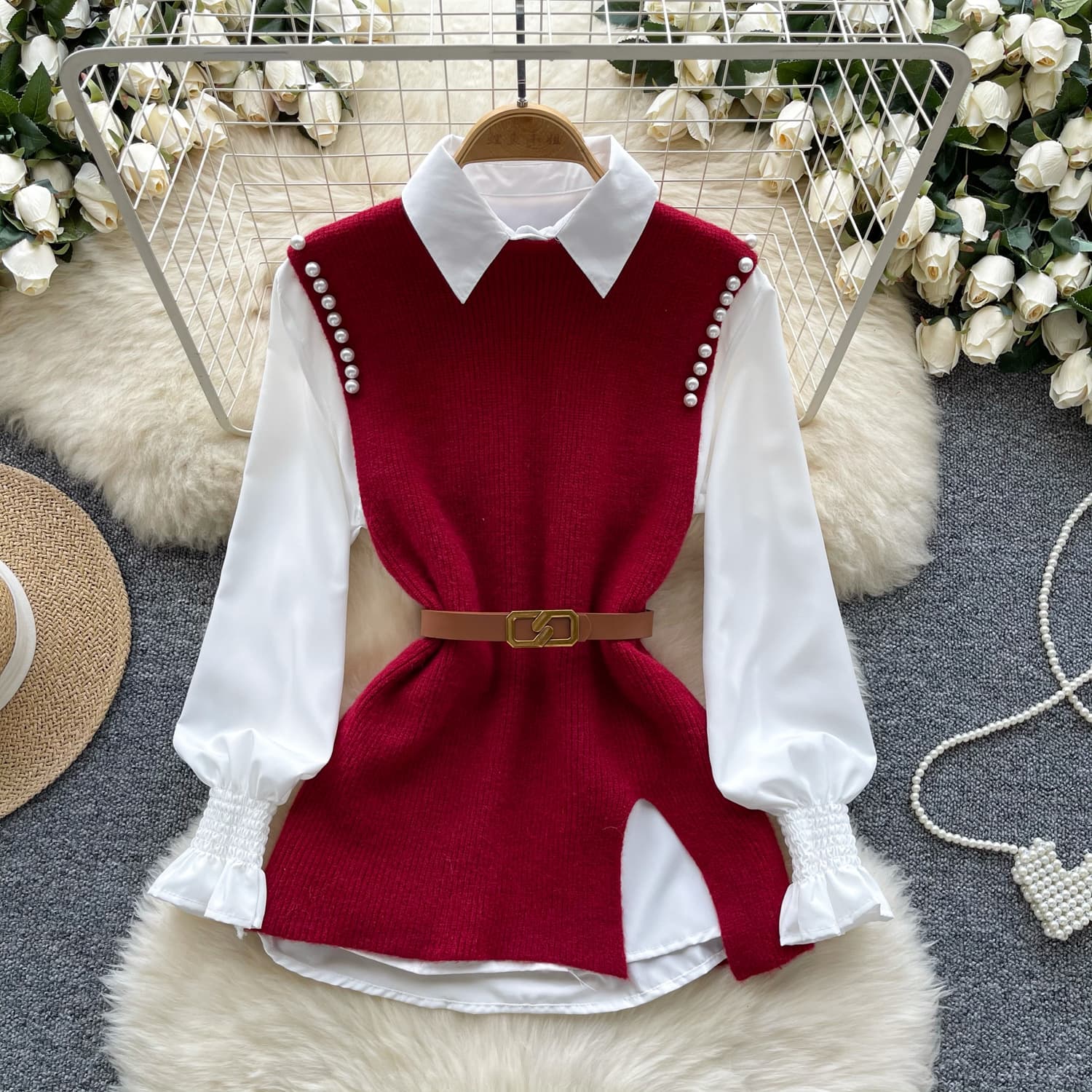 Women's Clothing Autumn outfit, stylish and age reducing, layered two piece suit for women, designer beaded split knitted vest + long sleeved shirt