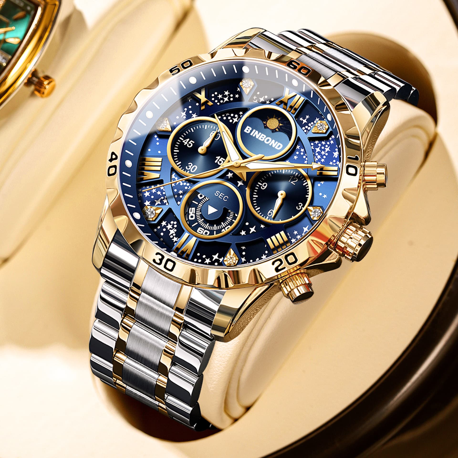 Luxury Men's Watches Sports Quartz Wrist Watch For Man Waterproof Stainless Steel Luminous Chronograph Date Moon Phase