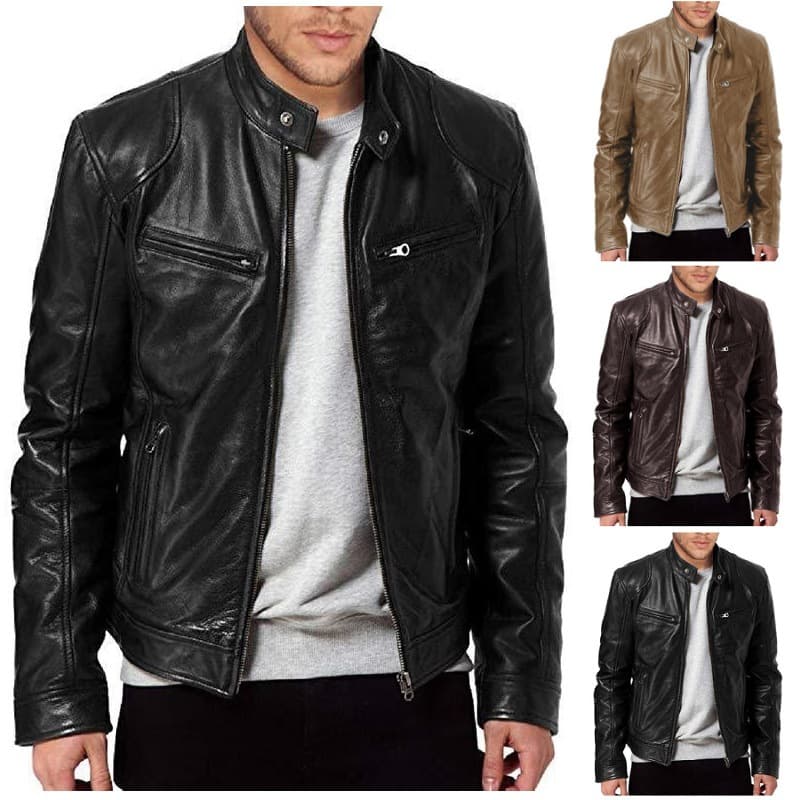 Men's Clothing Slim Fit PU Leather Jacket Zipper Cardigan Style Motorcycle Stand Collar Blue Black Cotton Full Sleeve Autumn New