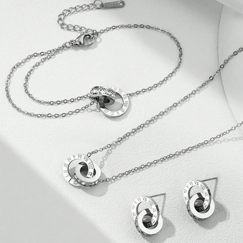 Bracelet double anneau en micro-diamants style romain, design simple, léger et luxueux, chaîne clavicule et boucles d'oreilles assorties