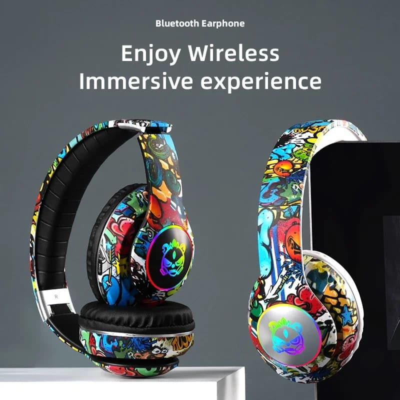 Graffiti Wireless Headsets Bluetooth Headphones LED Light Game Doodle Earphones With Mic For Kids Boy Girl Gift Support