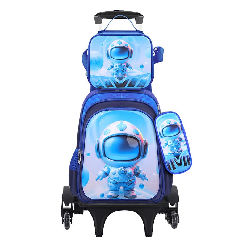 Ensemble sac à dos d'école en cuir 3D pour enfants, sac à roulettes, sac à déjeuner, trousse à crayons, dimensions