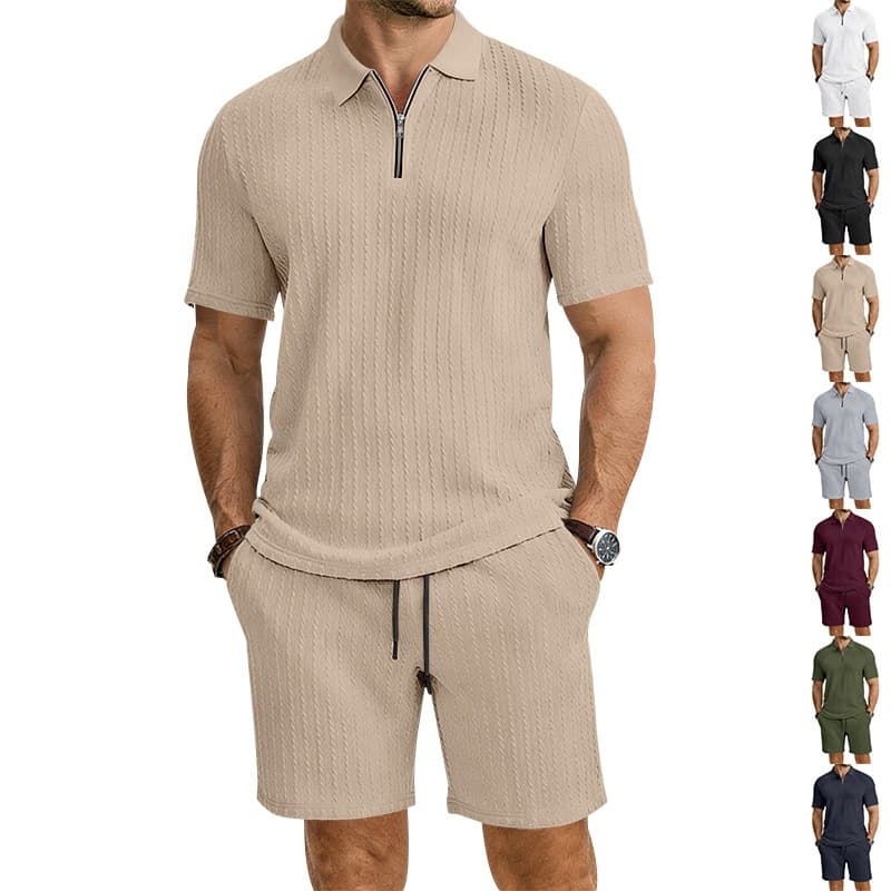 Men's Summer Polo Shirt And Shorts Set Short Sleeved Knitted Casual Collared Jacquard Textured