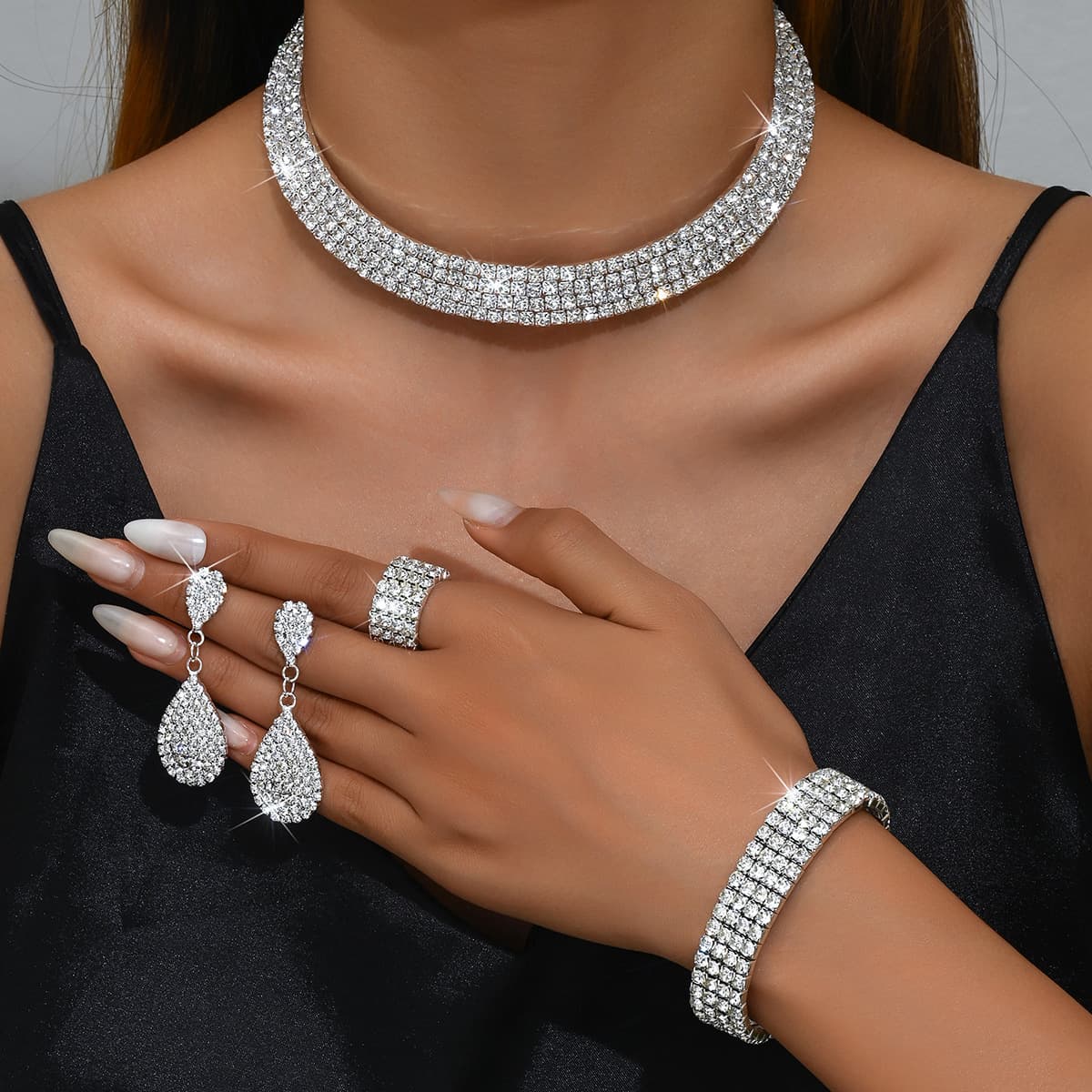 Water Diamond Jewelry Set - 4-Piece Silver Necklace, Earrings, Bracelet & Ring For Wedding & Photography, Elegant Bridal Gift