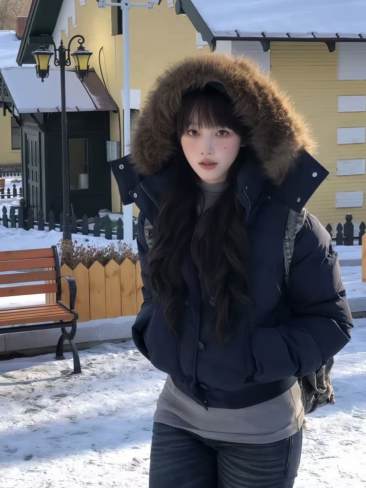 Navy Blue Large Fur Collar Short Down Jacket For Women 2026 Winter New High-end Slimming Cotton Coat