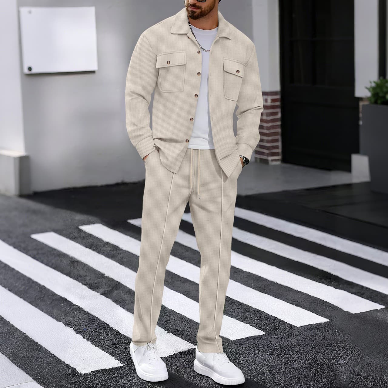 European And American Autumn New Waffle Long Sleeved Trousers Two Piece Suit Solid Color Double Pocket Workwear Cardigan Shirt Suit