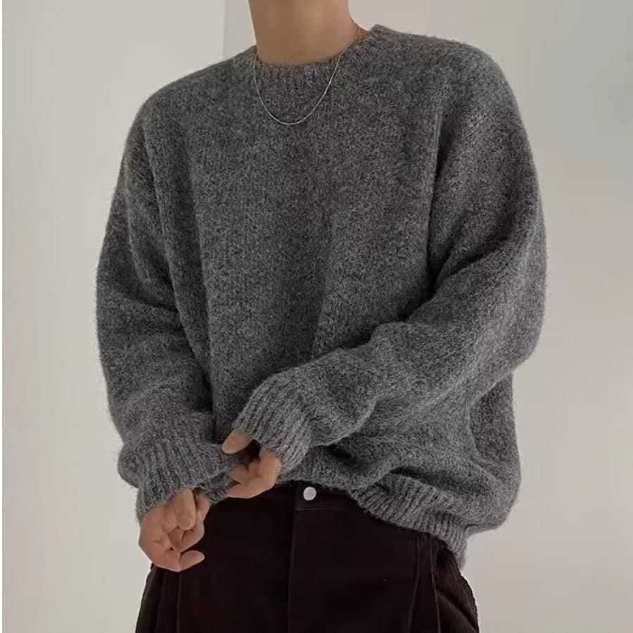 Men's Soft Knit Sweater - Retro Solid Color Pullover With Cozy Fleece Lining, Comfortable Loose Fit Crewneck For Casual Winter Wear