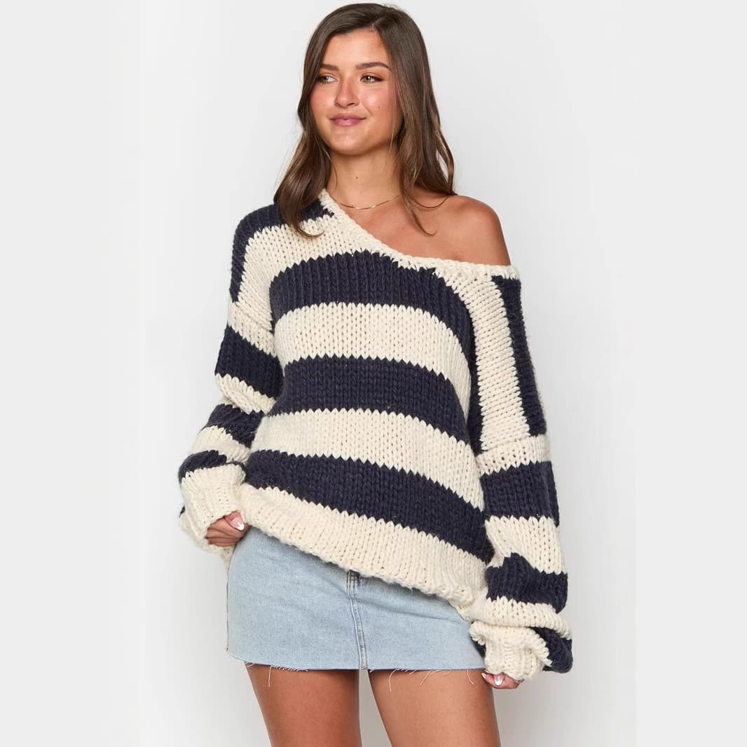 Oversized Dopamine Stripe Knit Sweater - Soft Fashion Drop Shoulder Top For Women, Sweet & Cozy Fall Winter Casual Wear