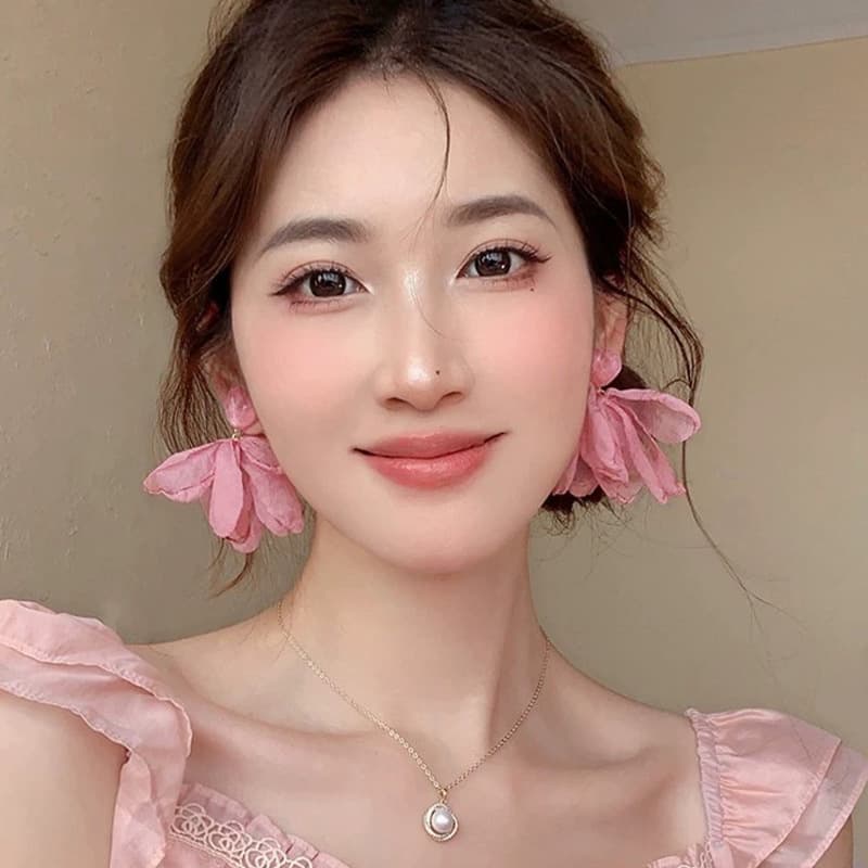 Unisex Pink Sweet Heart Chiffon Petal Earrings Super Fairy Holiday Style Photo Earrings Square Round Face Earring Accessories
