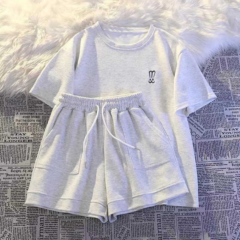 Women's Summer Casual Embroidered Short Sleeve & Shorts Set - Loose Fit Comfortable Sporty Outfit In Grey, Green, Pink & Black