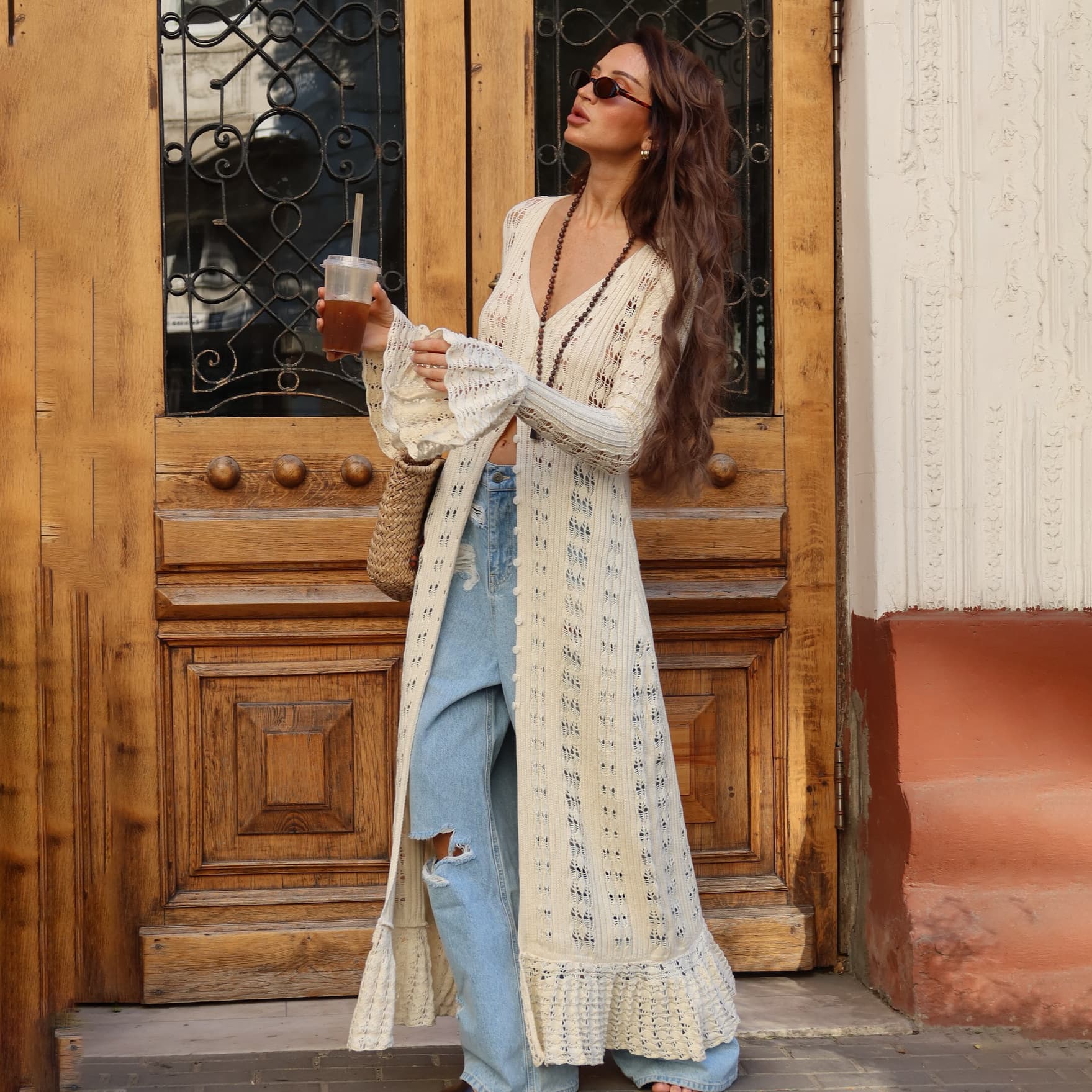 Oversized Fall Cardigan For Women – Long Sleeve V-Neck Knit Sweater With Ruffle Hem & Bell Sleeves (S-L) – Boho Chic Loungewear In Beige
