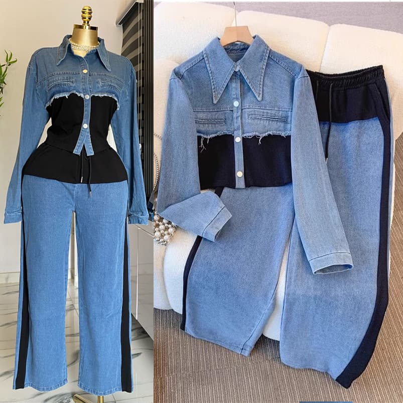 Women's Clothing Denim Patchwork Fashion Casual Suit Spring And Autumn New Long Sleeved Top + Wide Leg Long Pants Two Piece Suit