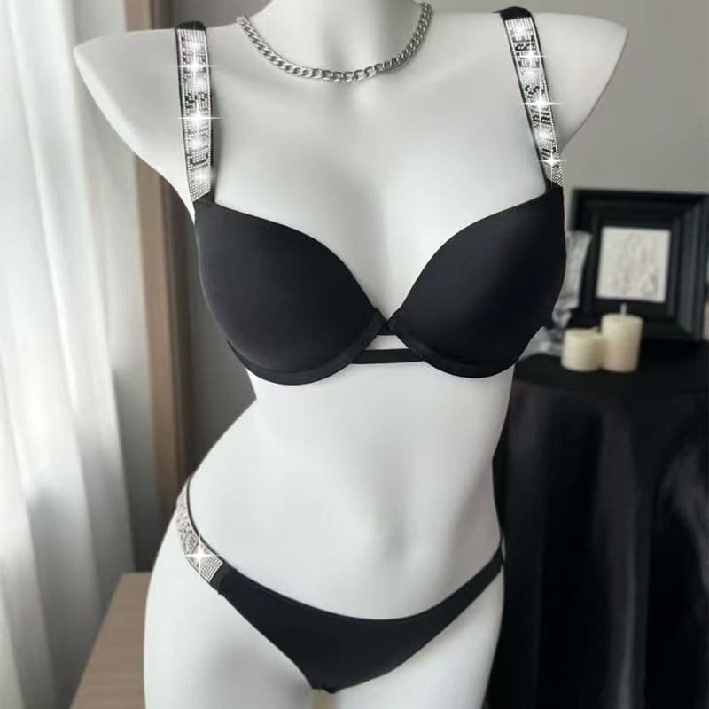 Rhinestone Letter Strap Soft Underwire Anti-sagging Bra Set For Women, Enhances Small Busts And Provides Side Breast