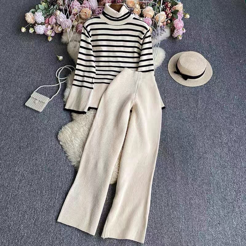 Women's Fashion Casual Knitted Suit Autumn And Winter Long-sleeved Striped Sweater Wide-leg Trousers Knitted Two-piece Set For Women