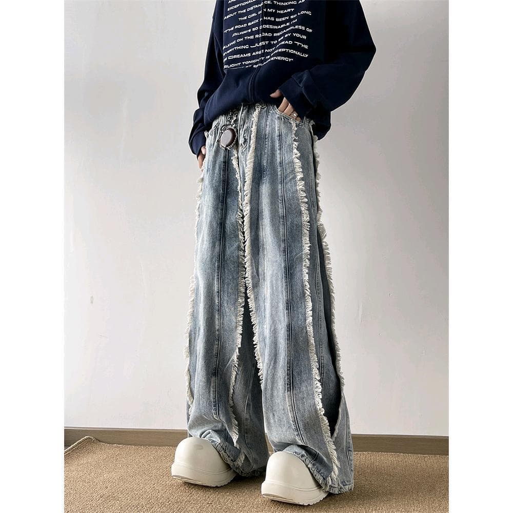Men's Clothing Men's American Style Fringed Frayed Denim Jeans Trendy Deconstructed Patchwork Streetwear Wide Leg Trousers For Women